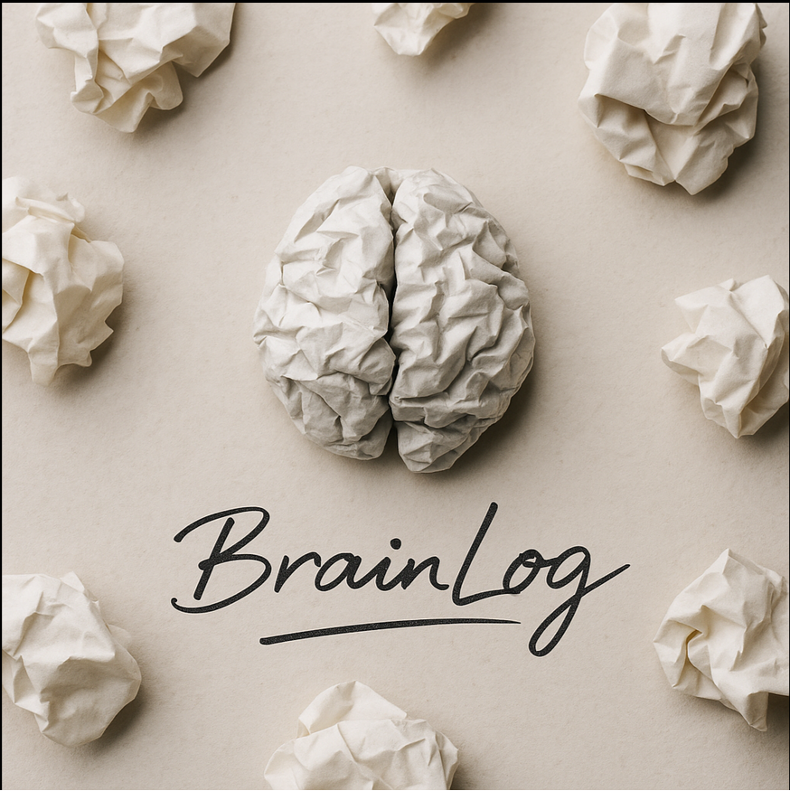 Crumpled pages forming a brain — BrainLog